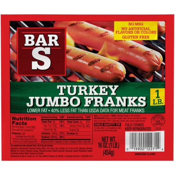 BAR S JUMBO TURKEY FRANKS 16 OZ